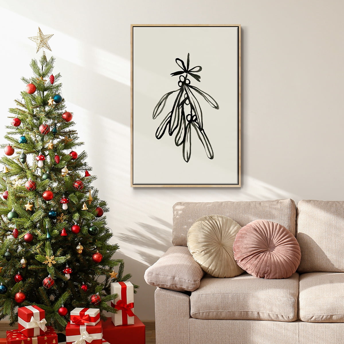 Mistletoe Sketch with Bows II - Framed Gallery Wrapped Holiday Canvas - 17 x 25 - Natural Wood Frame