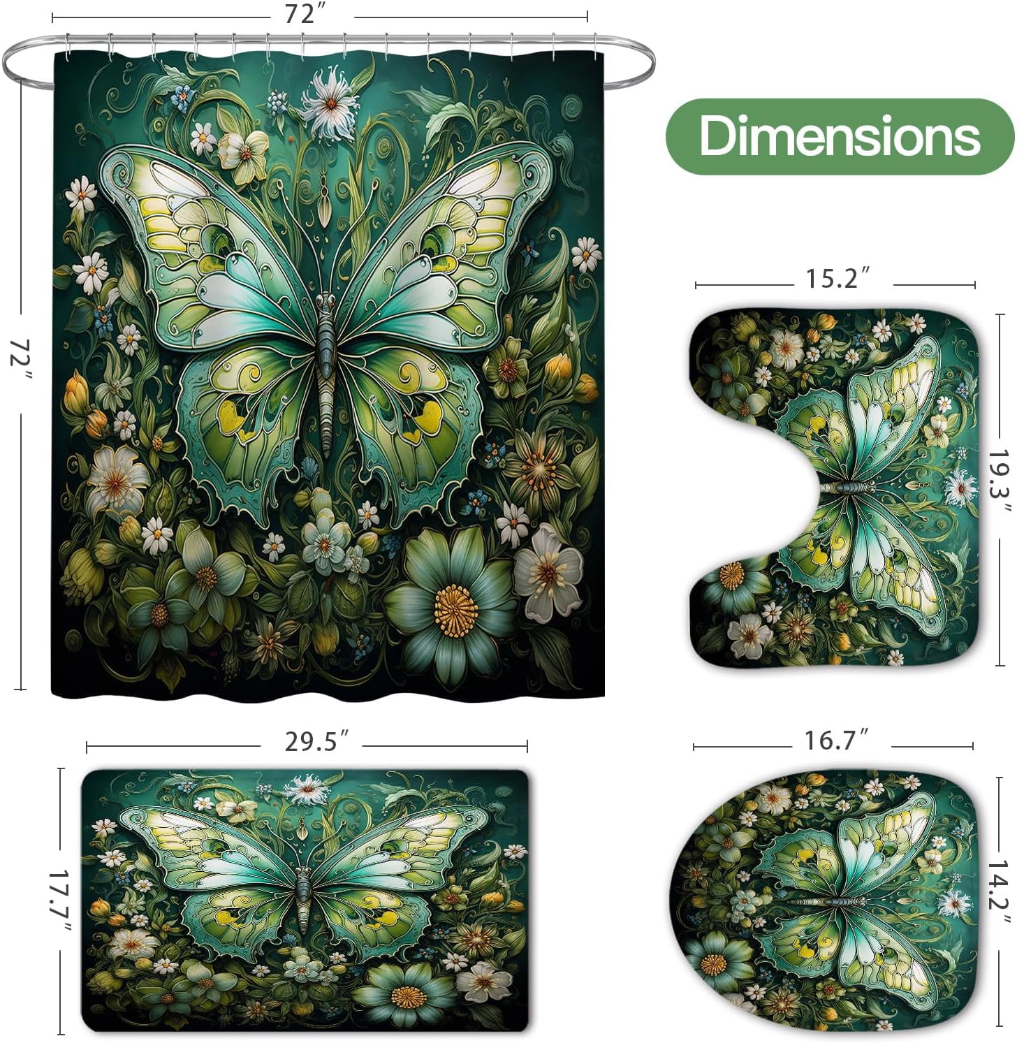 4 Pcs Purple Butterfly Shower Curtain Set with Non-Slip Rugs, Modern Toilet Lid Cover and Bath Mat, Floral Chic Bathroom Decor Set with Shower Curtain and Rugs