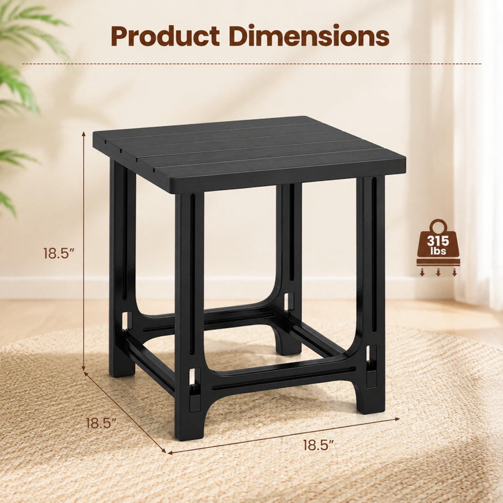 Biotree 18 Inch Outdoor Adirondack Side Table, Weatherproof HDPE Slatted End Table with Snap-Fit Build and 315 lbs Capacity, Black