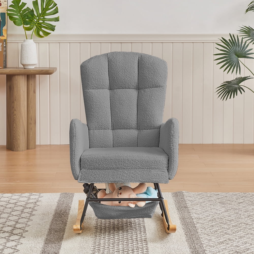 Pink Teddy Fleece Rocking Chair, Upholstered Nursery Glider with High Back, Metal & Wood Frame