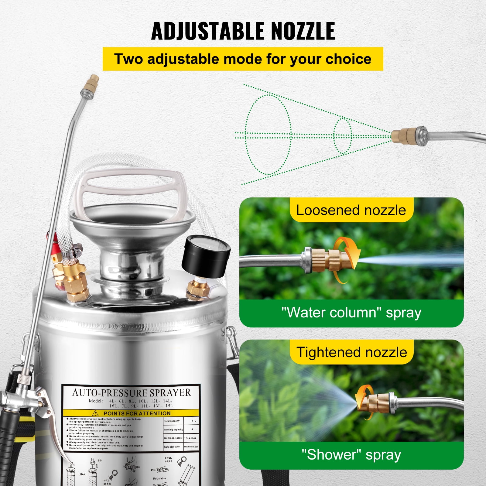 KFFKFF 1G Stainless Steel Sprayer, Full Set with 12" wand& handle& 3.3" Reinforced Hose, Hand Pump Sprayer with Pressure Gauge&Safety Valve, Adjustable Nozzle Suitable for Gardening and Sanitizing