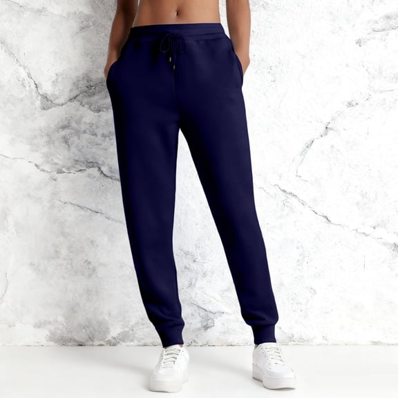 Womens Fleece Jogger Sweatpants Baggy High Waist Drawstring Lounge Athletic Pants Casual Comfy Warm Pant with Pockets Navy L