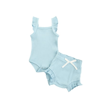 

TheFound Summer Lovely Baby Girls Clothes Solid Knit Ruffles Sleeve Romper Tops Shorts 2pcs Sets