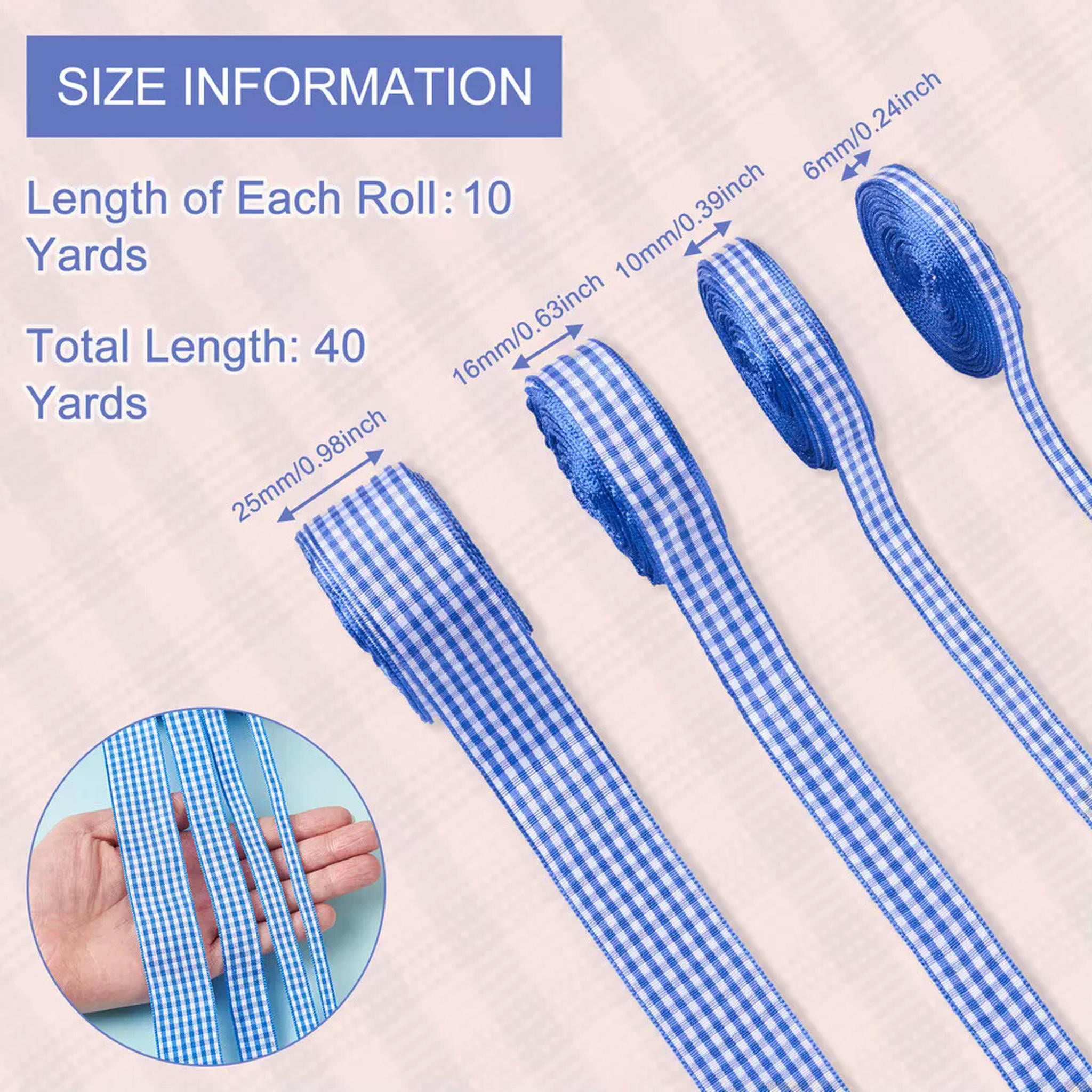 U8MO 4 Rolls Blue Tartan Polyester Ribbon 3/8" 5/8" 1/4" 1" Gingham Checked Ribbon