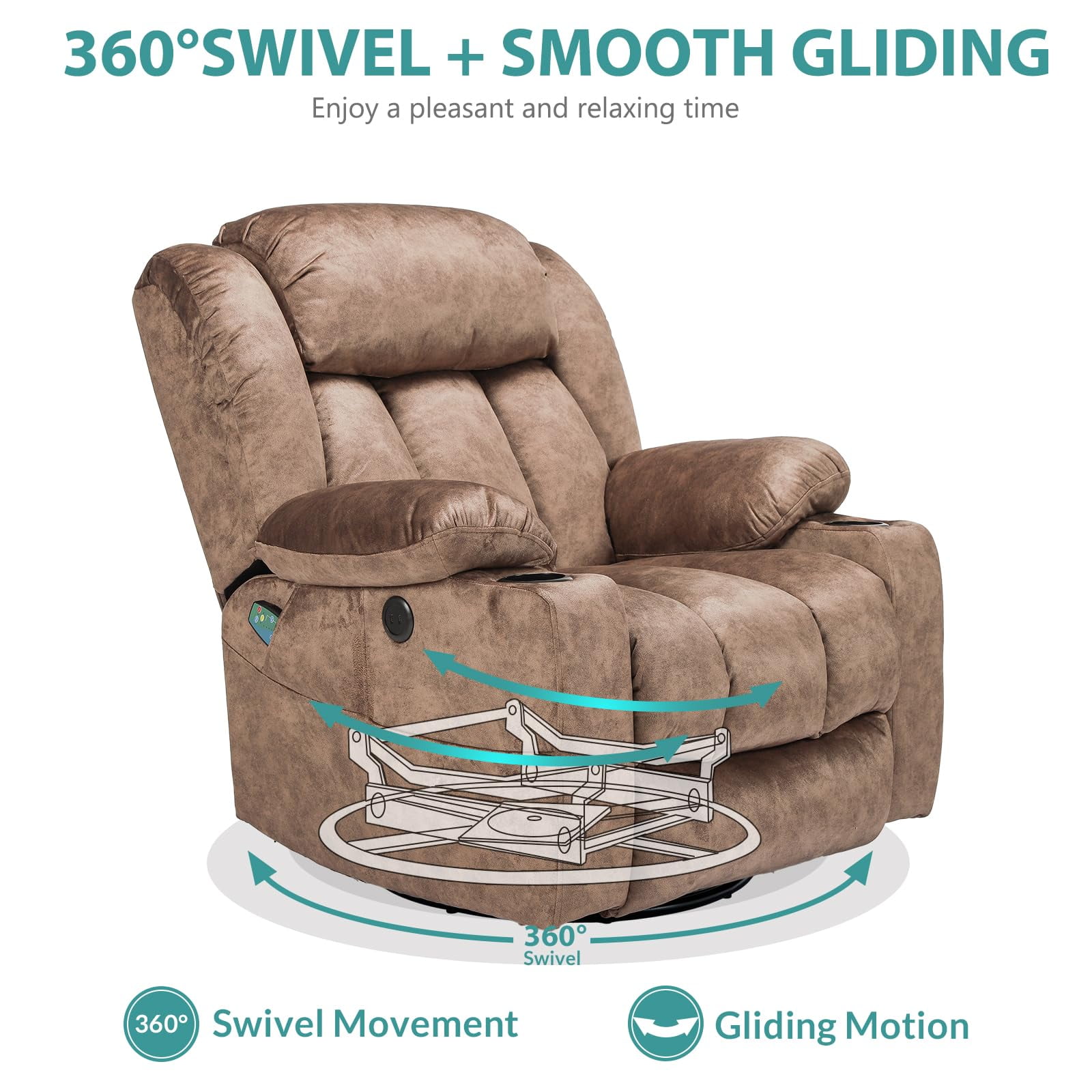 MEETWARM Massage Swivel Rocker Recliner, Manual Glider Rocking Recliner Chair with Heat and Vibration, 360°Swivel Lounge Reclining Chair with USB Ports/Cup Holder/Remote Control(Plush-Brown)