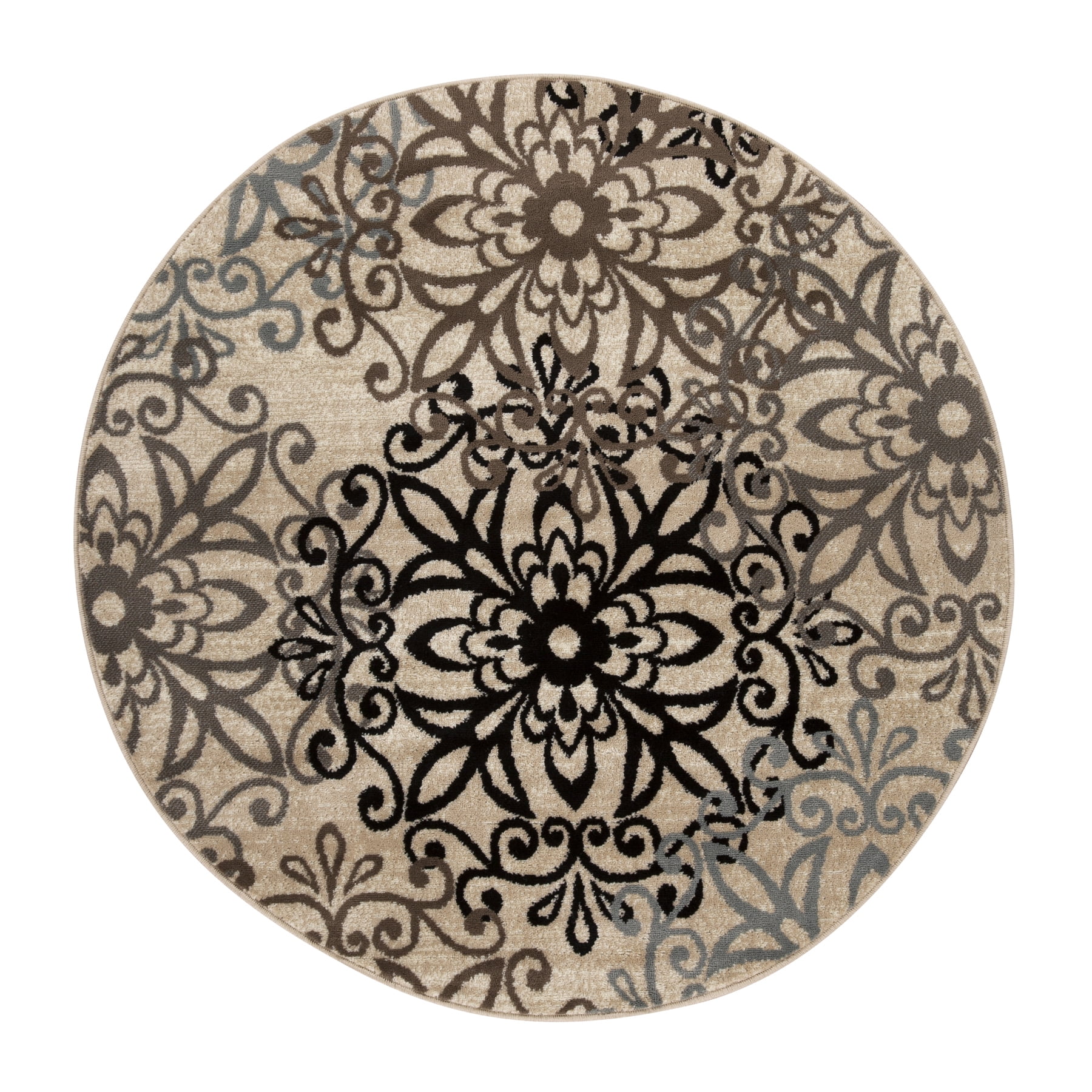 Superior Modern Floral Scroll Pet and Kid-Friendly Indoor Area Rug, 5' Round, Multi-Colored