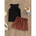 thumbnail image 4 of hirigin 2 Pieces Girls Suit Set, Solid Color Round Neck Sleeveless Ribbed Tops+ Leather Skirt for Summer, 6 Months-5 Years, 4 of 9
