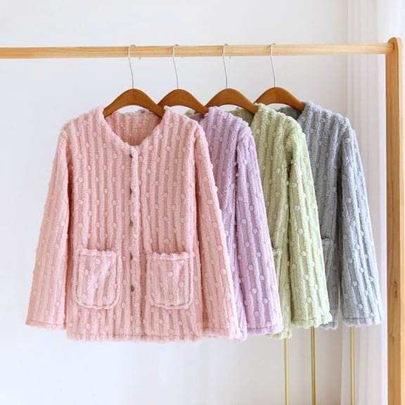 FRSASU Women Fuzzy Pajama Tops Warm Fluffy Long Sleeve Sleepwear Plush Loungewear thermal Nightwear with Pockets Purple-A