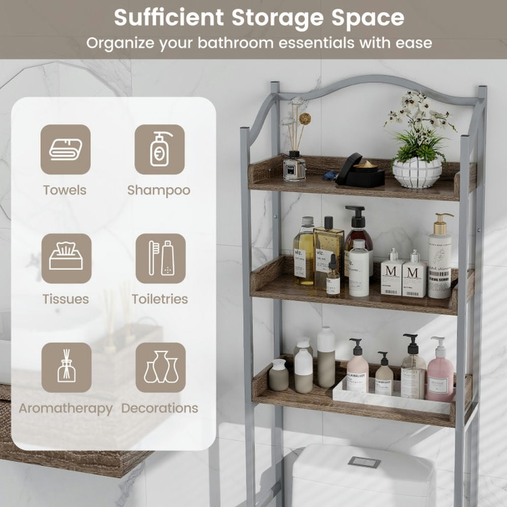 Finihen Toilet Storage Rack, Towel Rack, Towel Holder, 3-Tier Over-The-Toilet Bathroom Spacesaver Storage Rack, for Bathroom, Silver