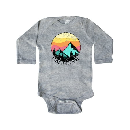 

Inktastic I Like it Out Here Mountains at Sunset Distressed Gift Baby Boy or Baby Girl Long Sleeve Bodysuit