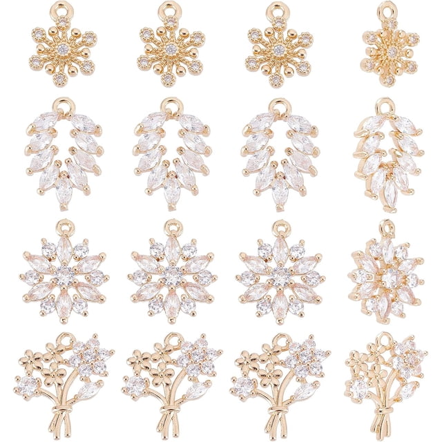 16 piezas de 4 estilos de dijes de circonita cúbica con forma de copo de nieve, hojas y flores, chapados en oro claro, pavé de latón con diamantes de imitación micropavé