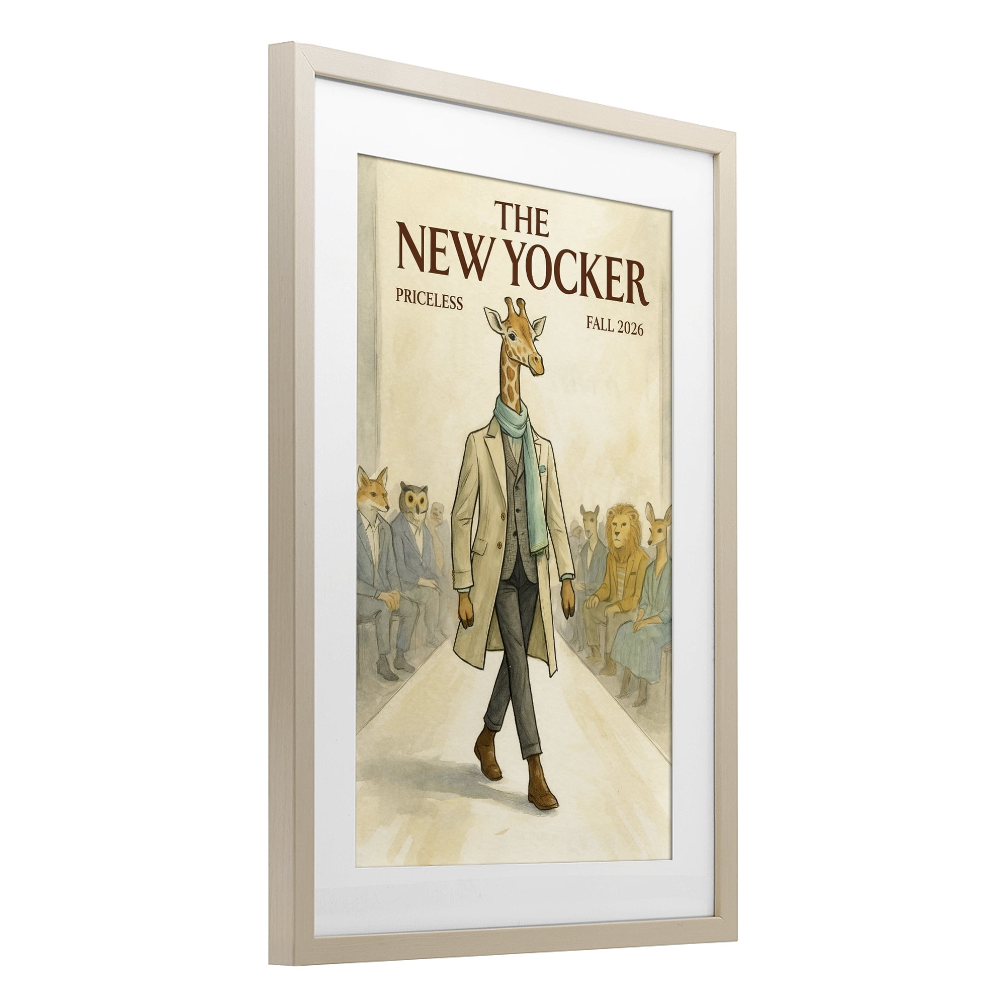Stupell Industries New Yocker Giraffe Model Birch Framed Print Under Glass, design by Grotto Studios