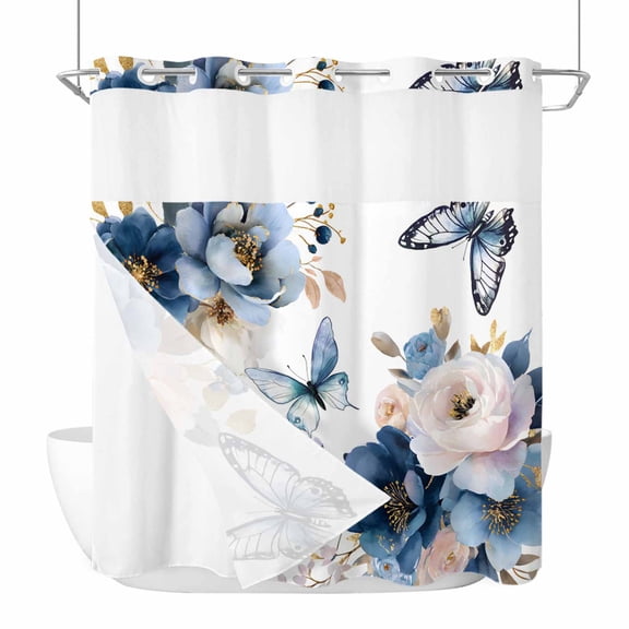 No Hook Vintage Blue Floral Shower Curtain with Snap in Liner Set, Farmhouse Watercolor Flower Butterflies Waterproof Bathroom Curtains with See Through Top Window, Hotel Style Modern 66 x 72 Inch