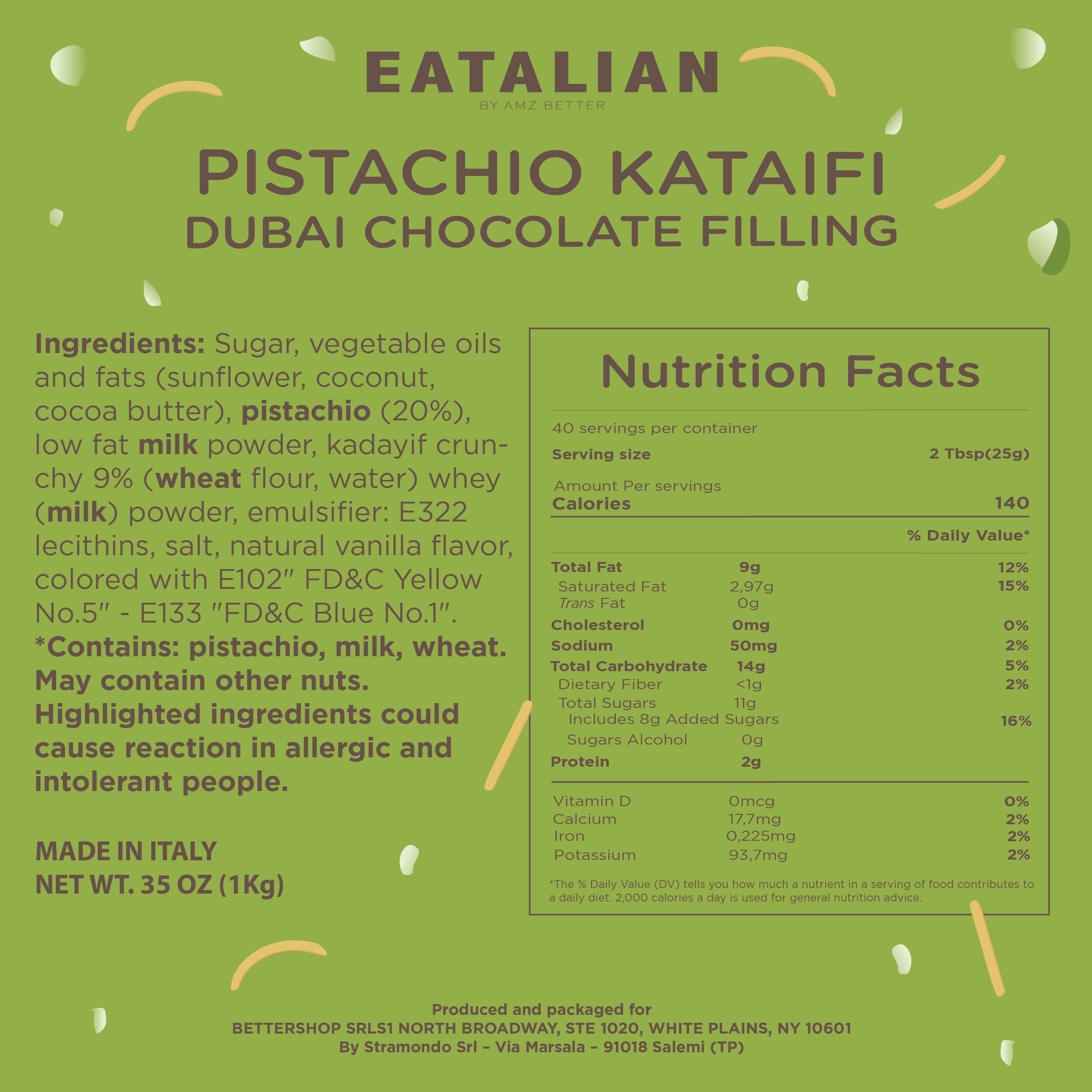 EATALIAN by AMZ BETTER Pistachio Cream with Kataifi, 2.2 lb/200 gr, Spreadable Paste, Sweet and Unique Taste, Ideal on Bread, for Cakes, Dessert, Excellent for Dubai Chocolate, Made in Italy