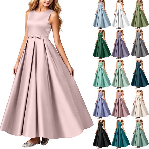 AHTJRT Bridesmaid Dresses for Girls Satin Soft Bow Tie Front Sleeveless Formal Pageant Ball Gown Party Princess Wedding Guest Dresses Brown#02 1-2 Years