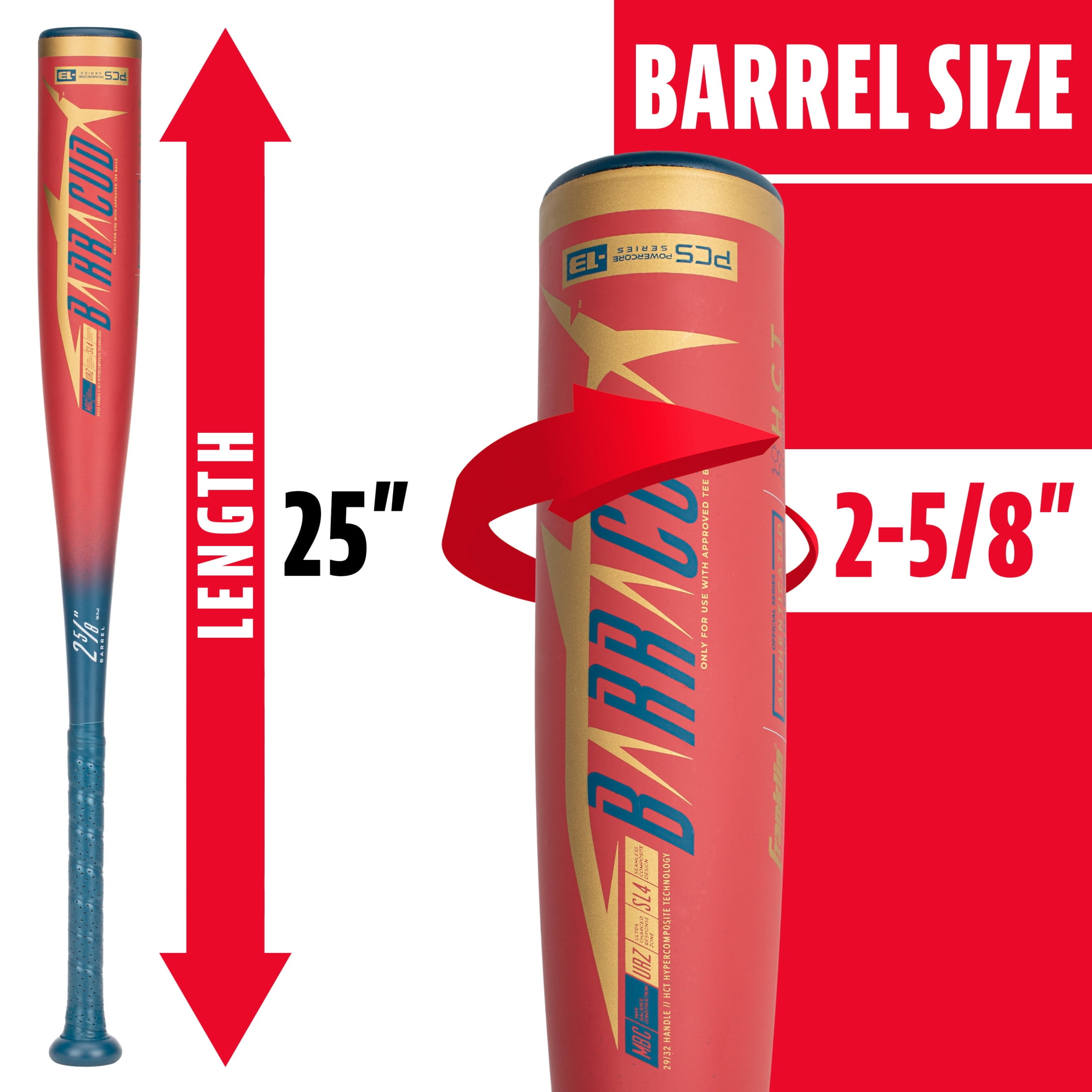Franklin Sports Barracuda 1300 Youth Composite Teeball Bat, 25 in/12 oz, Drop -13, Red
