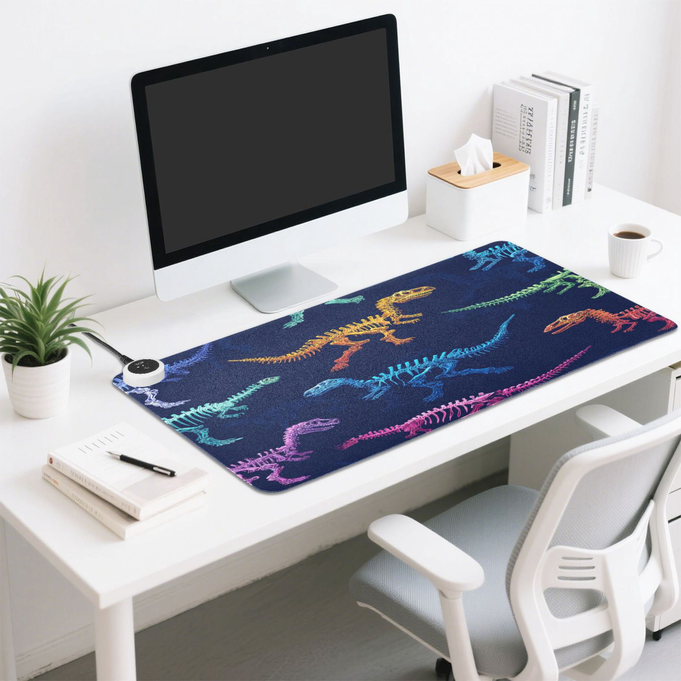 Large Heated Desk Mat Mouse Pad 31.5"x13"PU Leather Graphene Heating Desk Warmer with 3 Temperature Settings 110V US Plug Non-Slip Warm Pad for Home, Office, and Gaming Vividly Colored Dinosaur Bones