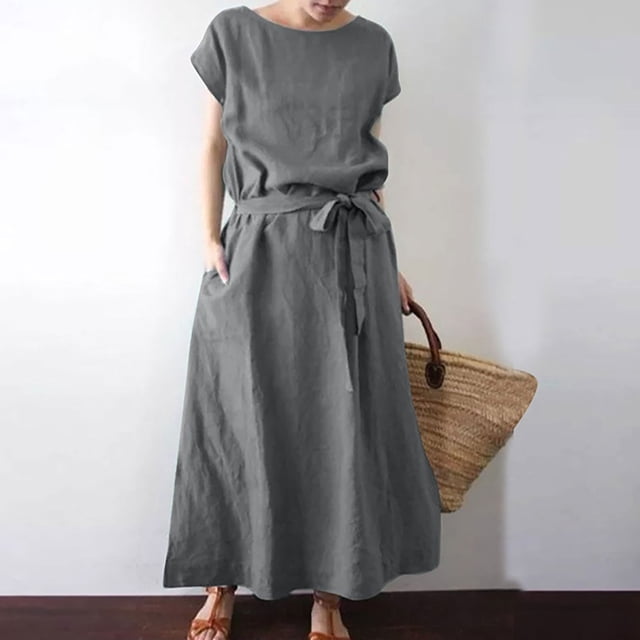 Robes Décontractées pour Femmes 2023 Mode Tendance Décontractée Col Rond Coton et Lin Couleur Unie Manches Courtes Robe Habillée Combinaison pour Femmes en Liquidation