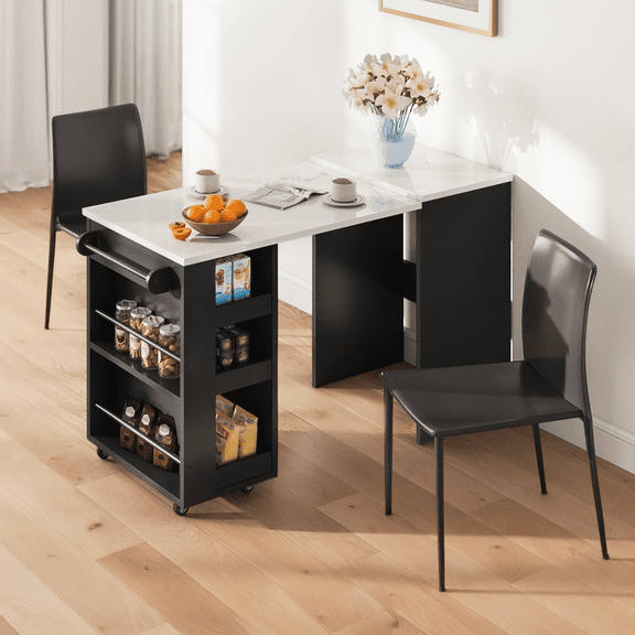 BUPPLEE Foldable Kitchen Island with Storage, Rolling Kitchen Cart on Wheels, Collapsible Dining Table for Kitchen, Dining Room and Small Spaces