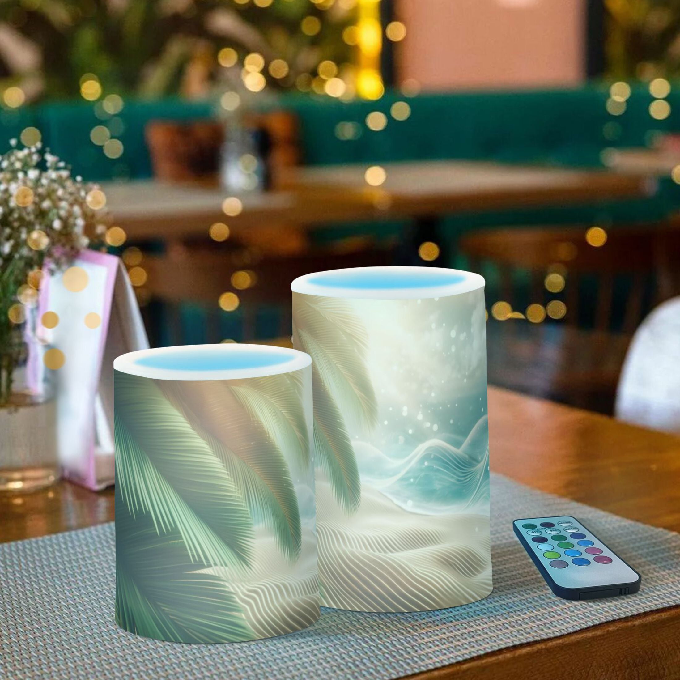 Waves Beach Tree Flickering Flameless LED Candles set of 2 Battery Operated 18-Key Remotes Timer Halloween Fall Decor D3''xH4''5''
