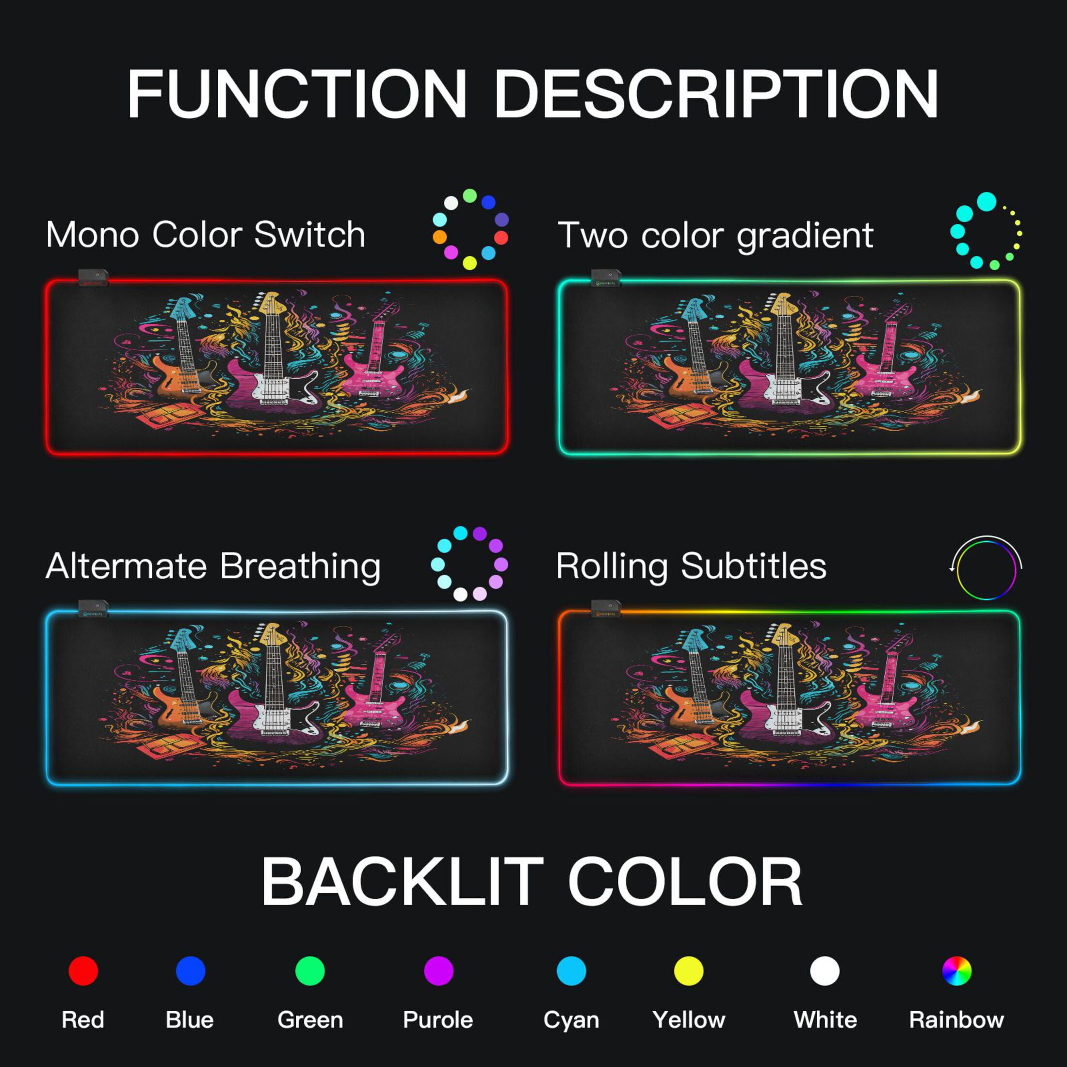 Large RGB Gaming Mouse Pad Led Glowing Mousepad Non-Slip Rubber Base 13 Light Modes 31.5x11.8 Electric Guitar