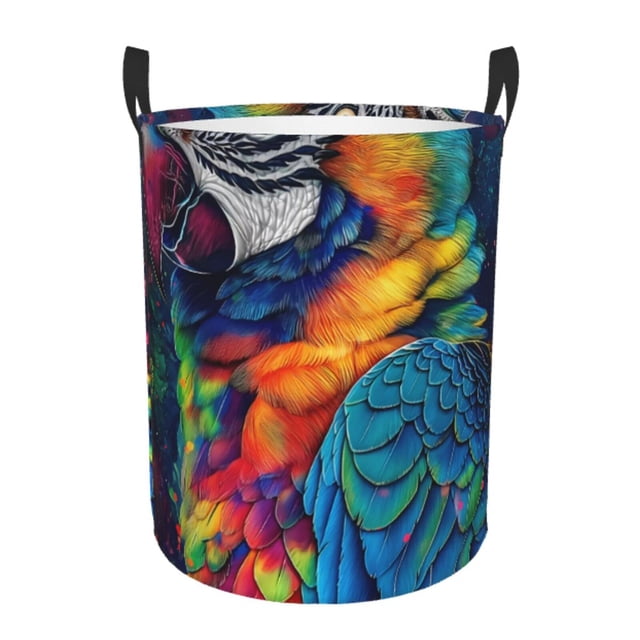 Balery Vibrant Rainbow Parrot Fantasy Cesta de ropa redonda con asas, impermeable, independiente, para ropa, juguetes, dormitorio y familia-Small