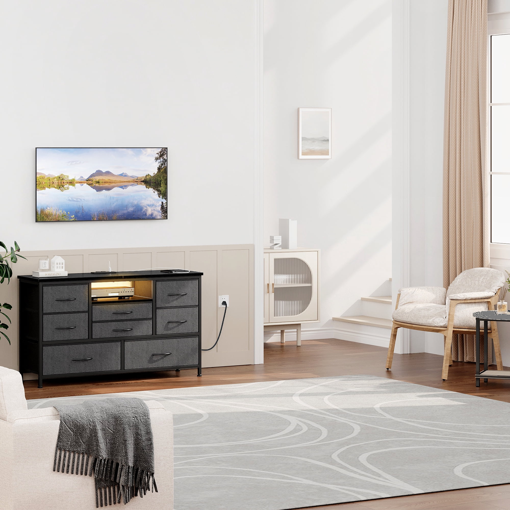 8 Dresser TV Stand with Power Outlet & LED for 55'' TV, Long Dresser for Bedroom with 8 Deep Drawers, Wide Console Table for Storage in Closet, Living Room, Entryway, Wood Top ,Grey