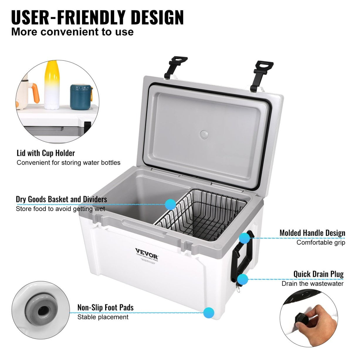 52 qt Insulated Portable Cooler Holds 50 Cans 6-Day Ice Retention Hard Cooler for Camping Beach Picni