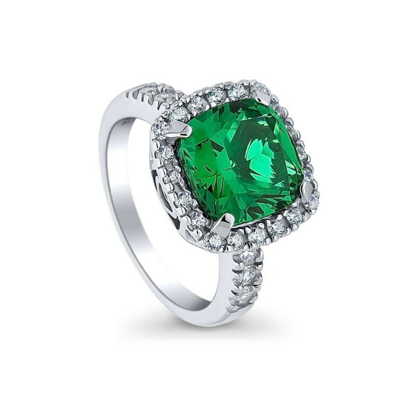 BERRICLE Sterling Silver Halo Green Cushion Cut Cubic Zirconia CZ Statement Cocktail Fashion Ring for Women, Rhodium Plated Size 4.5