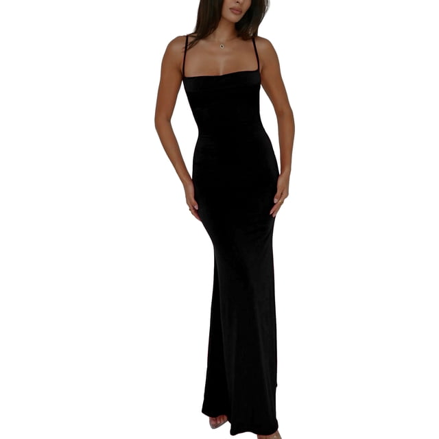 Faithtur Robe Longue Moulante pour Femmes Bretelles Spaghetti Col Carré Robe Midi Dos Nu Robe de Soirée