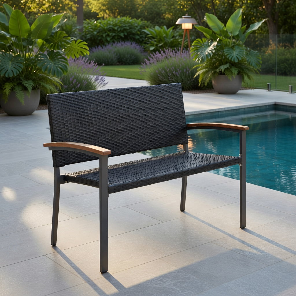 Hommoo Outdoor Wicker Patio Bench with Acacia Wood Armrests, 45" Steel Frame, Weather-Resistant PE Rattan, for Garden, Porch & Indoor Use, Black