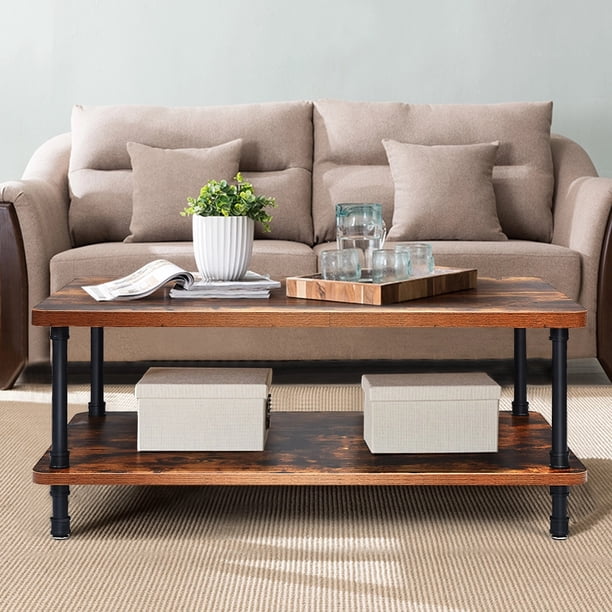 Mesa Baja Costway Rústica con Superficie Espesa y 2 Repisas Estilo industrial 110 x 60 x 45 cm