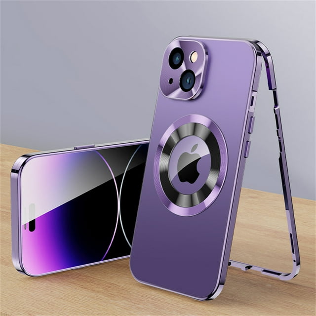 for iPhone 14 Plus 6.7" Full Body Case,Double Sided with Built-in Tempered Glass Screen Protector Metal Frame Plating PC Back Panel Shockproof Rugged Case for iPhone 14 Plus,Purple