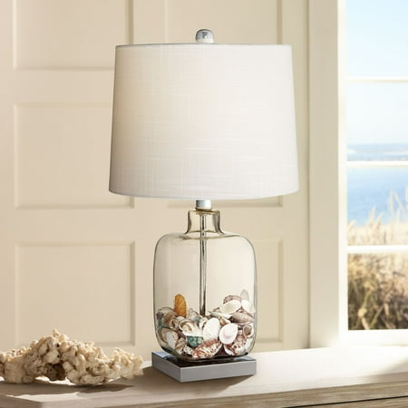Abalone Shell Lamp 360 Lighting Coastal Accent Table Lamp Clear Glass Fillable Sea Shells White Drum Shade for Living Room Family Bedroom Bedside ()