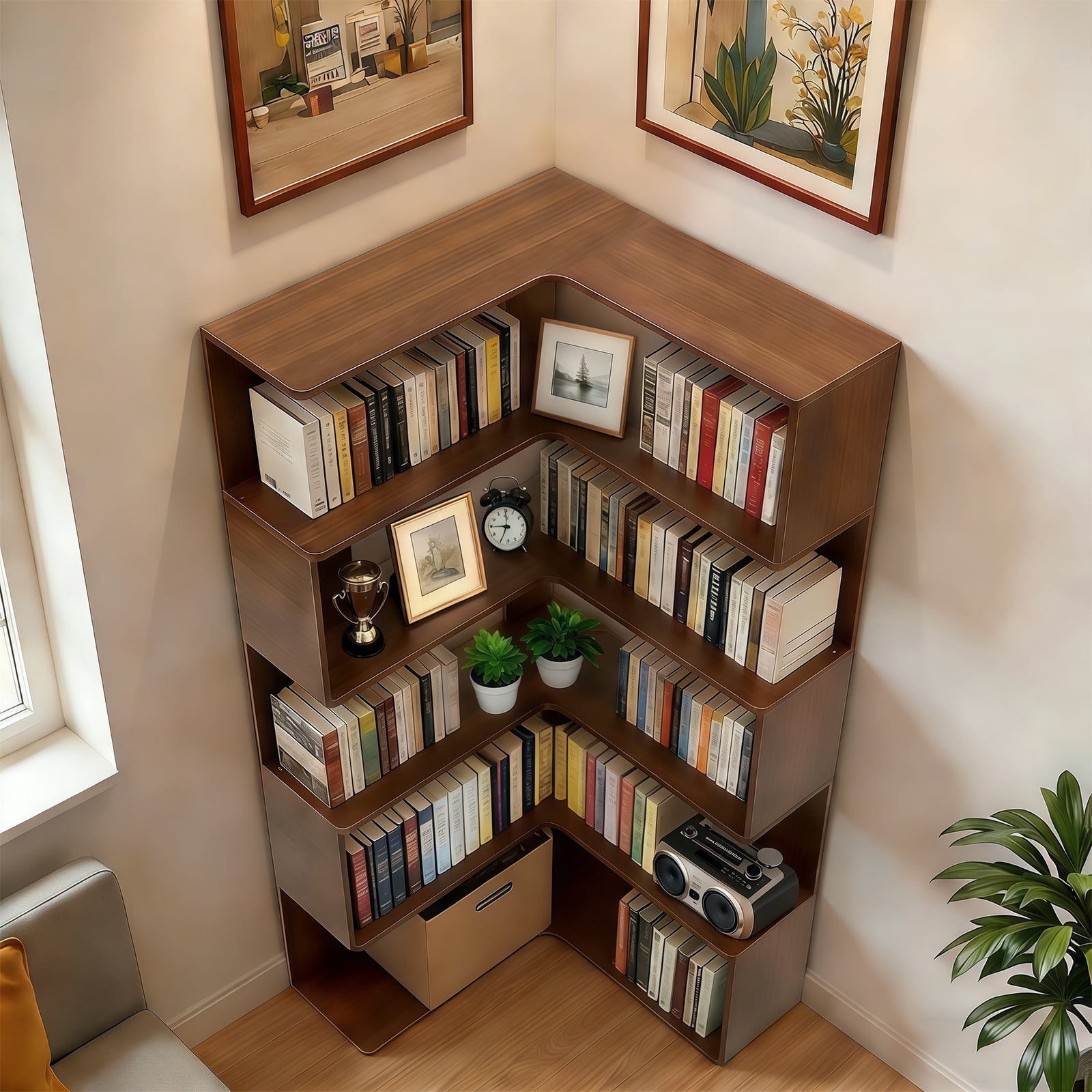 Bookshelf, 6 Tier Corner Shelf with Baffle and Anti-Tip Device, MDF Board for Living Room Bedroom Home Office Display, Walnut Finish