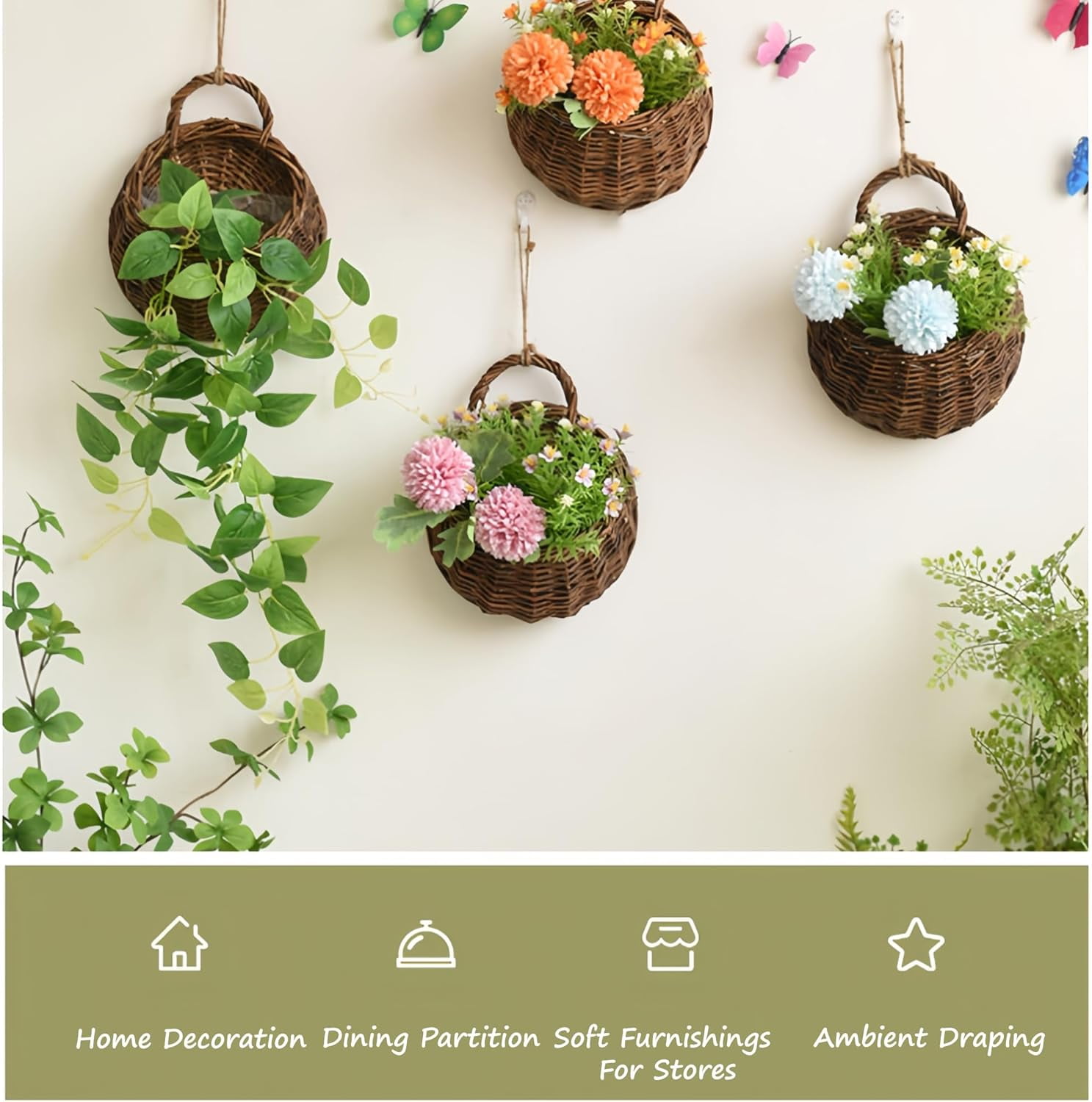 Wall Hanging Woven Baskets: Hanging Wall Basket, Hanging Planter, 2Pcs Waterproof Wicker Baskets with Handle, for Flowers Plants Outdoor Front Door Home Garden, Hanging Wicker Basket