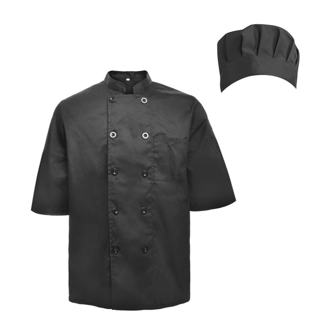 TopTie Unisex Short Sleeve Cooking Chef Coat Jacket with Adjustable Hat-Black-S