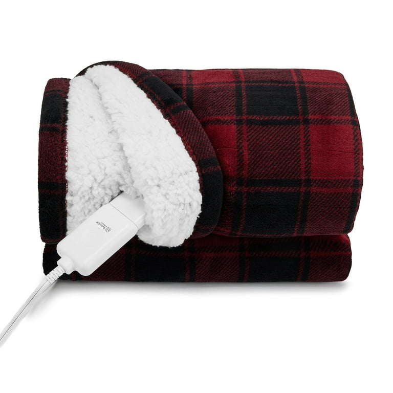 Sunbeam Throw Red Black Buffalo Plaid Microplush Sherpa Faux Shearling 4 Heat Settings 4 Hour Auto Shut Off Electric Heated Blanket 50 x 60 Walmart
