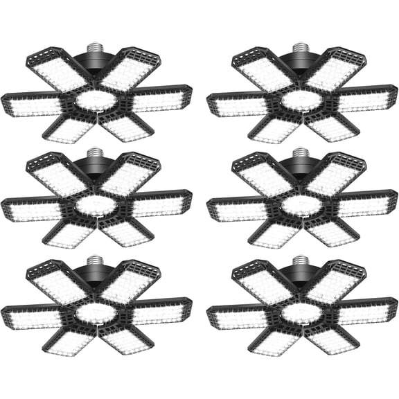 6 Pack LED Garage Light, 200W 20000LM 6500K LED Shop Lights, Garage Lights Ceiling Led with 6 1 Deformable Panels, Screw in E26/E27 Socket Bulb for Warehouse, Workshop, Basement, Barn Lighting