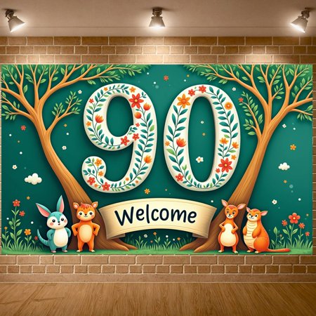 Floral Design 90th Birthday Backdrop Green Theme Welcome Party Display Forest Animal Cartoon Nature Celebration Banner for 90th Birthday Party Kids Celebration Family Gathering