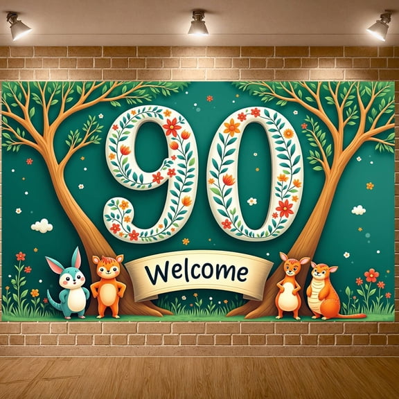 Floral Design 90th Birthday Backdrop Green Theme Welcome Party Display Forest Animal Cartoon Nature Celebration Banner for 90th Birthday Party Kids Celebration Family Gathering