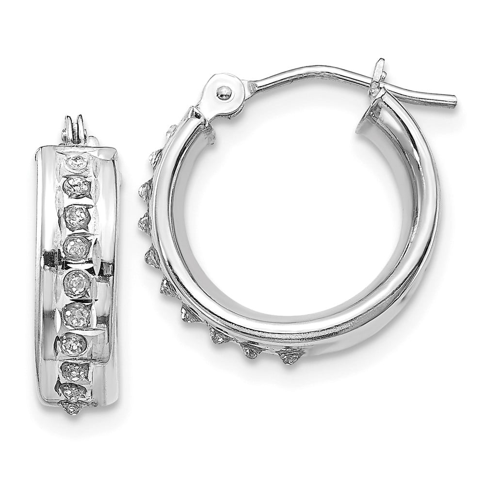 FB Jewels Solid 14K White Gold Diamond Fascination Round Hinged Hoop Earrings