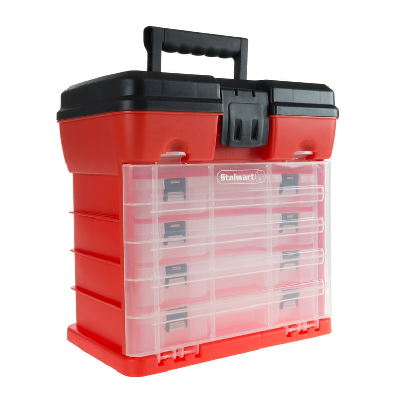 Storage and Tool Box- Durable Organizer Utility Box with 4 Compartments for  Hardware Fish Tackle Beads and More by Stalwart (Red) 