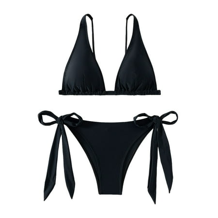 TTUHYWXI Bathing Suits Cute Spaghetti Straps Vintage Bikini Set Thong Swimsuits (Black  M)