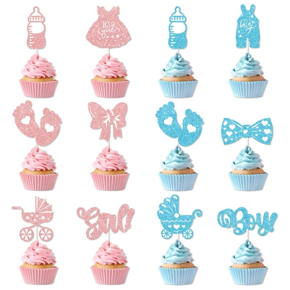 Boy or Girl Cupcake Toppers, Gender Reveal Baby Shower Party Decorations, Pink or Blue Baby Shower Cake Decorations, 24Pcs
