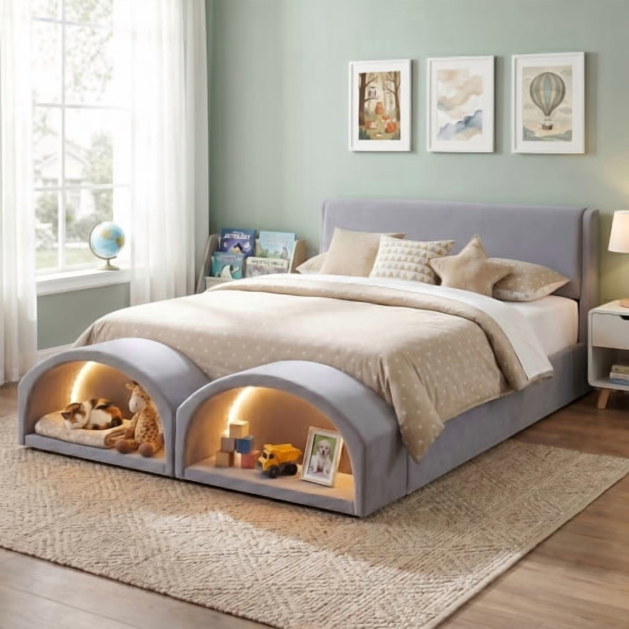 Queen Size Upholstered Platform Bed Frame with Dual Cat Caves, LED Lighted Pet Nests at Footboard, Scratch-Resistant Fabric, Modern Minimalist Design, No Box Spring Needed, Gray
