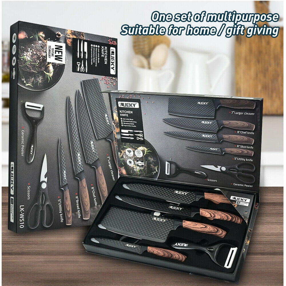 6pcs Kitchen Knives Scissors Peeler Set Sharp Stainless Steel Cleaver  Vegetable Cutter Chef Knife Kitchen Cookware Set Gift Box