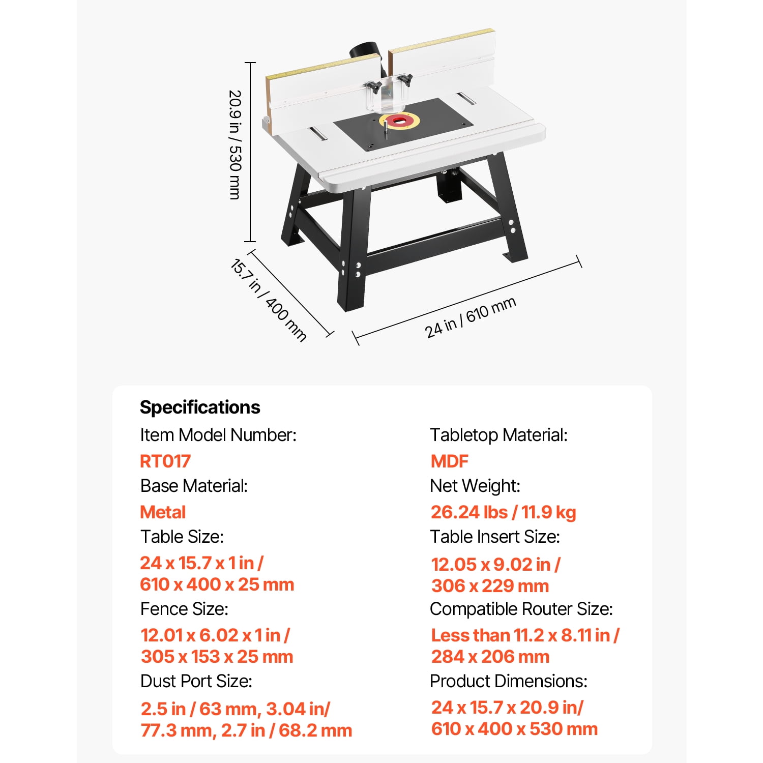 KFFKFF Tabletop Router Stand, Dimensions 24 in x 15.7 in, Tabletop Routing Stand with Modifiable Barrier, MDF Surface, Robust Metallic Foundation, 2-1/2 in Debris Gathering Outlet