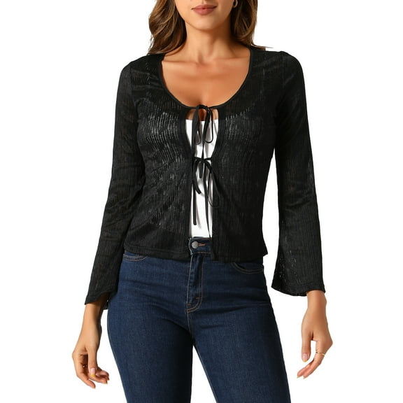 INSPIRE CHIC Lace Shrug Top for Women's Tie Front Bell Long Sleeve Bolero Cardigan S Black