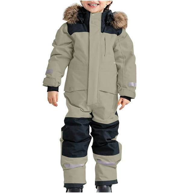 Xfvqtps Kids One Piece Snowsuits Reflective Strip Fluffy Hooded Waterproof Windproof Outdoor Winter Snowboarding Ski Suits Jumpsuits Beige